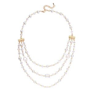 Simulated White Pearl and White Mystic Glass Layered Necklace in Goldtone